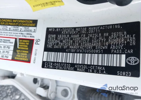 2012 Toyota Camry Le из США, поврежденный, VIN 4T1BF1FK7CU500851